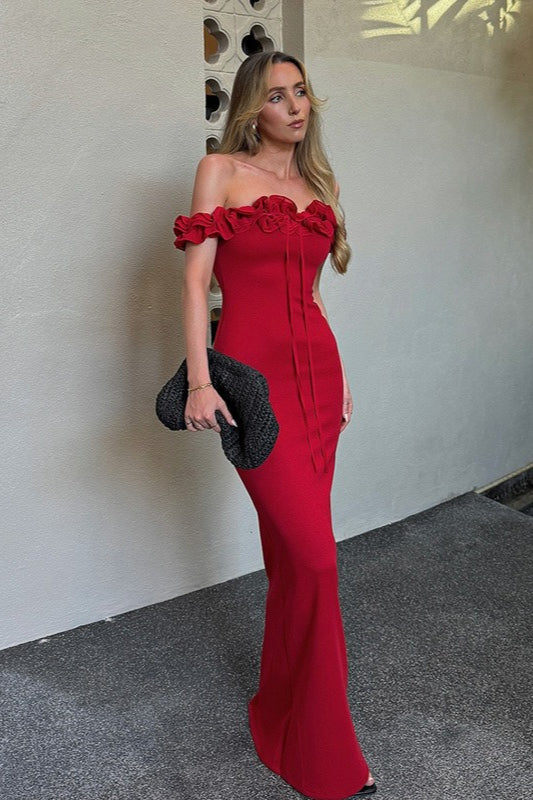 Ruffle Trim Bardot Party Dress