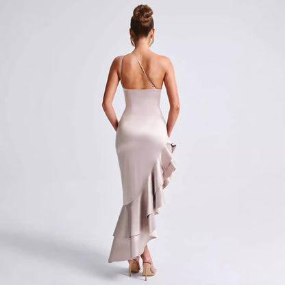 Satin Ruffle One-Shoulder Dress