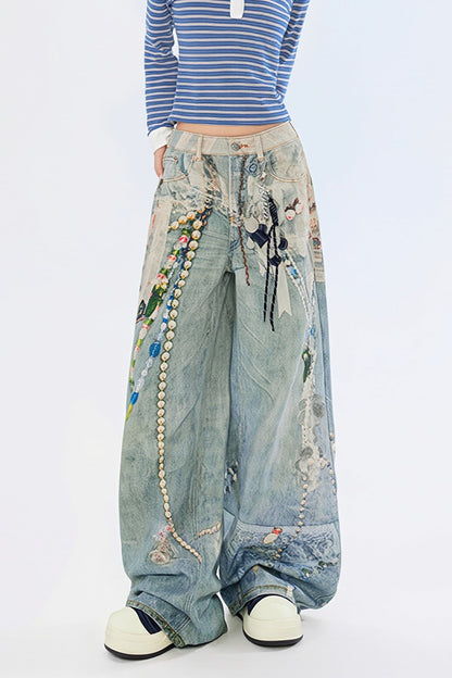 Chain Detail Splatter Print Wide Leg Jeans