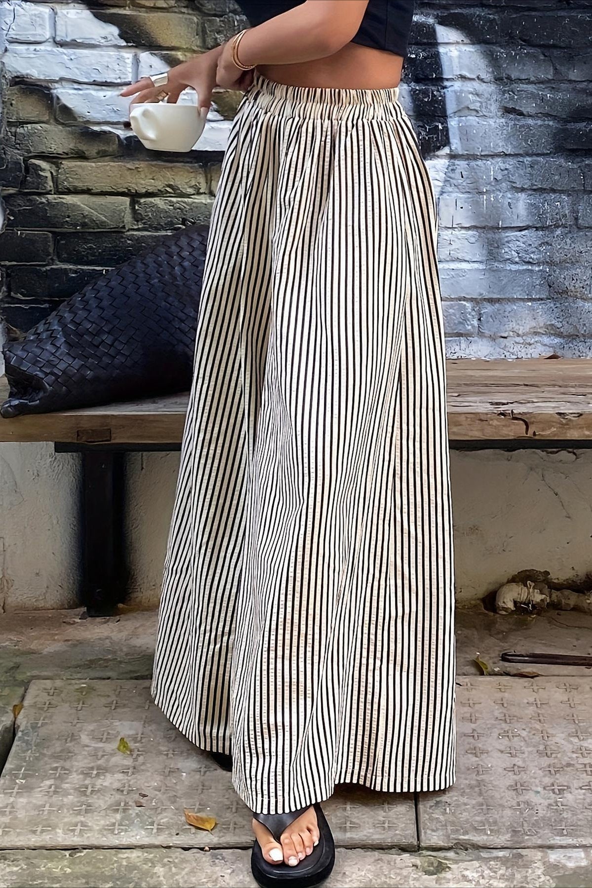Vertical Stripe Elastic Waist Wide Leg Pants