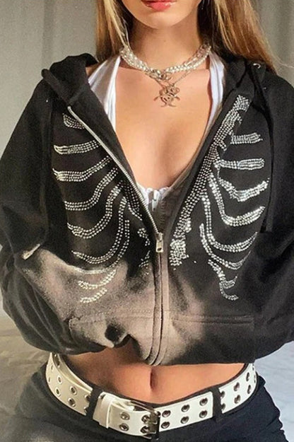 Street Style Rhinestone Skull Hoodie