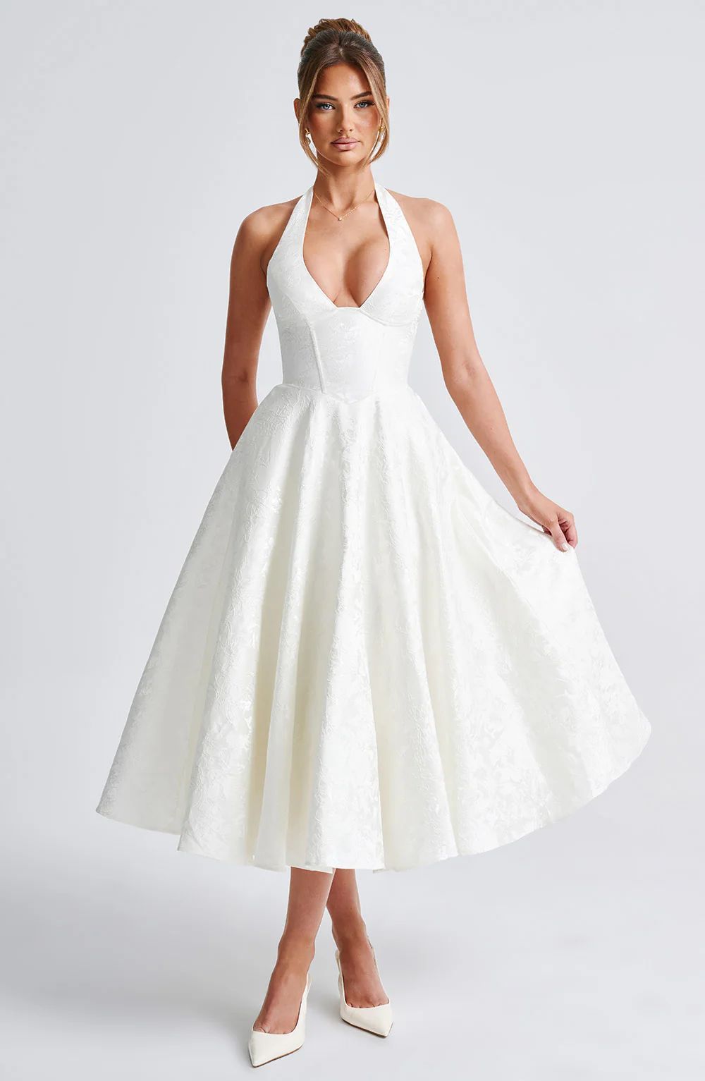 Vintage Jacquard Midi Dress With Halter Neck White / S