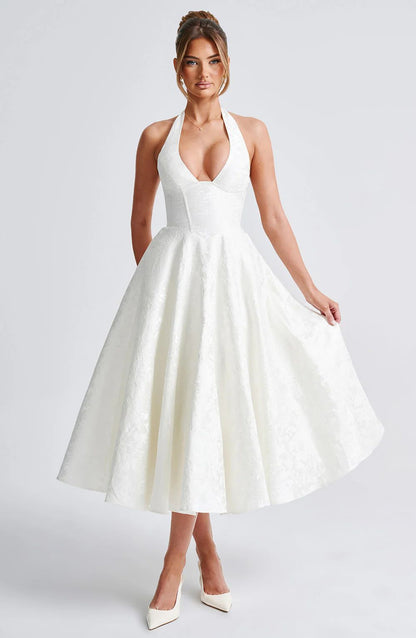 Vintage Jacquard Midi Dress With Halter Neck White / S