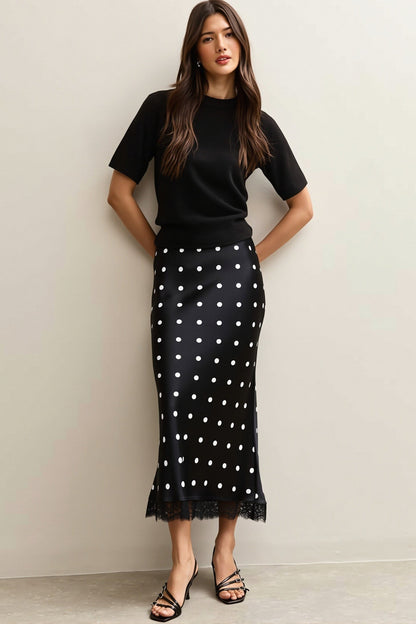 Polka Dot Lace Trim Column Midi Skirt