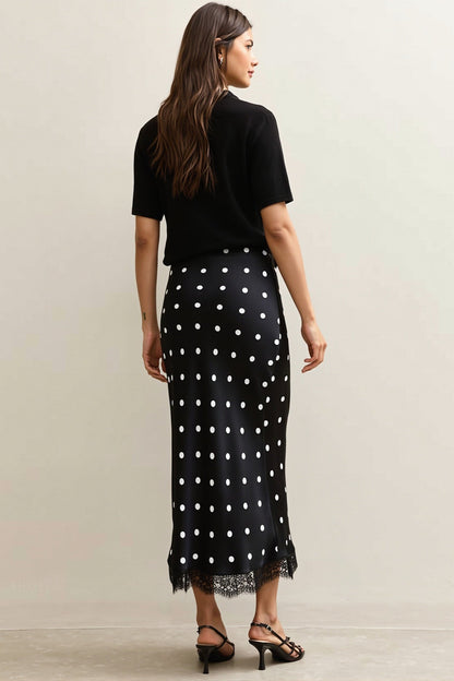 Polka Dot Lace Trim Column Midi Skirt