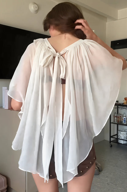 Gathered Neck Flutter Sleeve Blouse