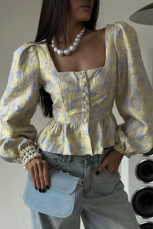 Floral Jacquard Square Neck Peplum Blouse