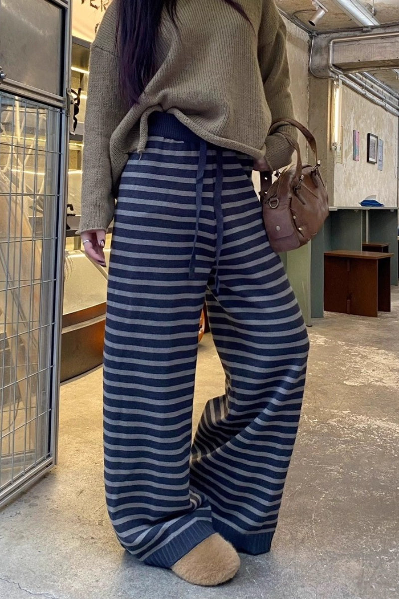 Striped Knitted Fleece High Waist Wide Leg Pants