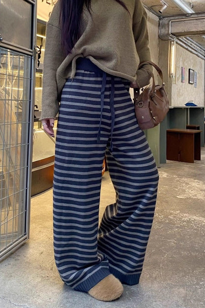 Striped Knitted Fleece High Waist Wide Leg Pants