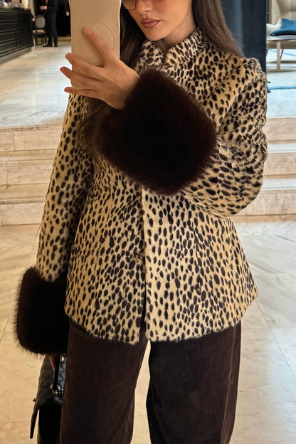 Fur Cuff Animal Print Fitted Coat