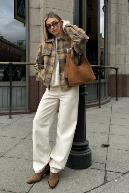 Loose Fit Plaid Wool Coat Jacket