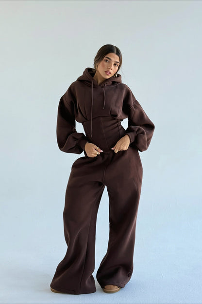 Corset Waist Zip Front Wide Leg Hoodie Two Piece Set