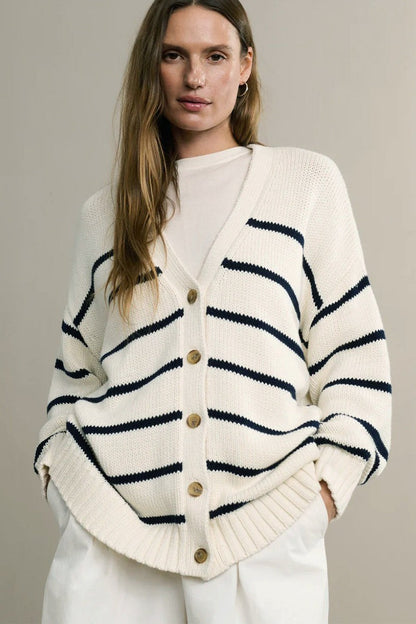Cotton Stripe V Neck Cardigan