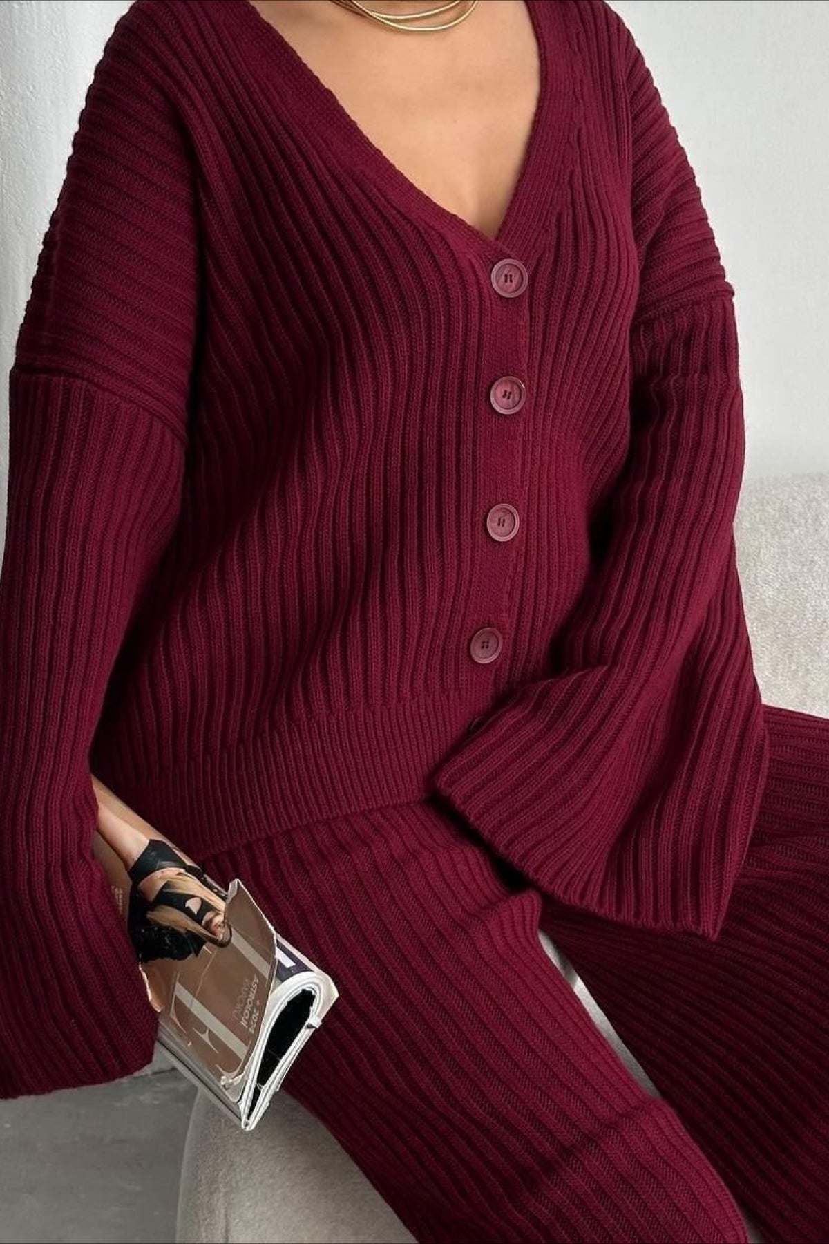 Solid Color Knit Sweater Pants Knit Set