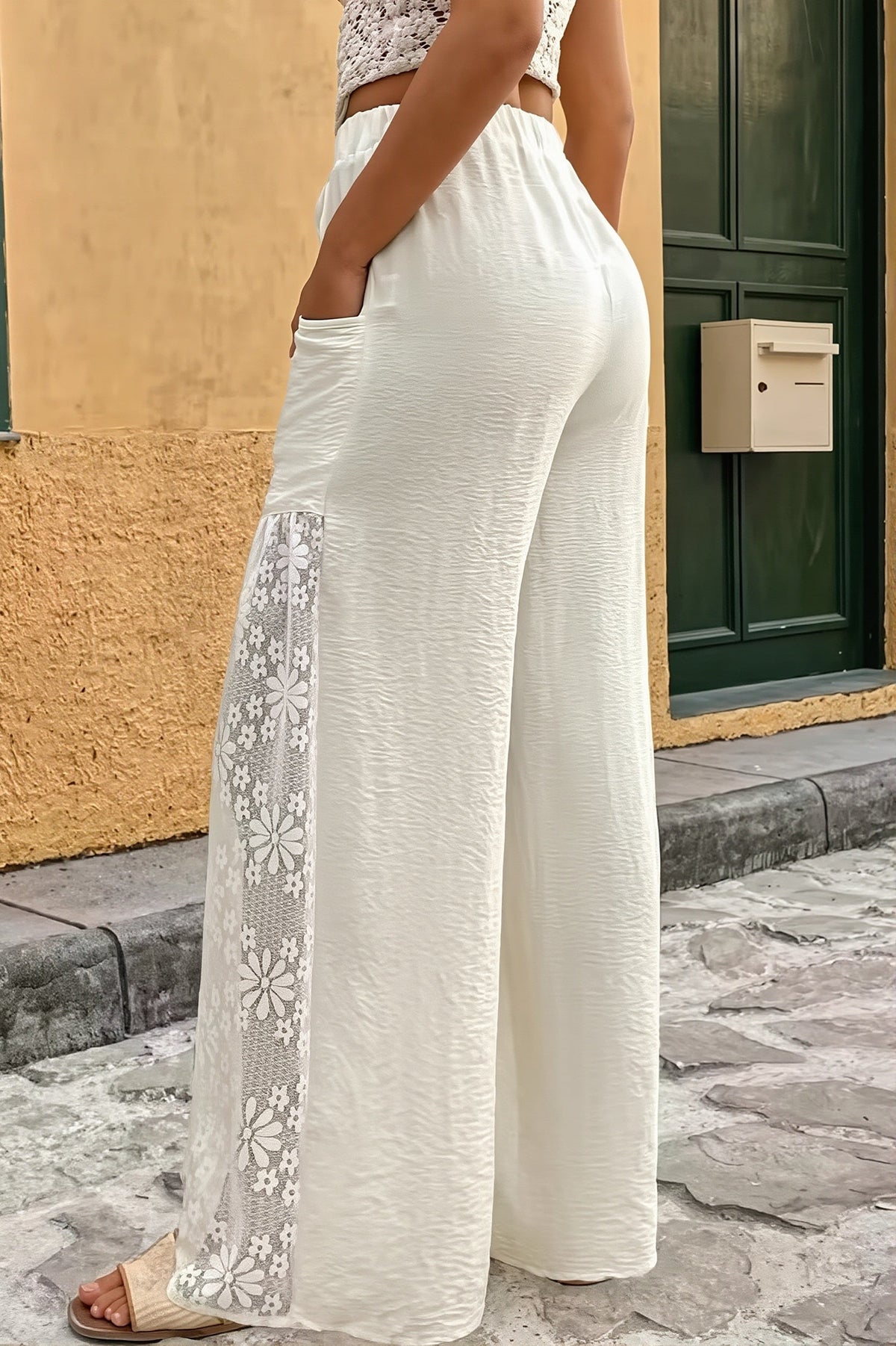 Lace Panel Drawstring Wide Leg Pants
