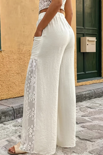 Lace Panel Drawstring Wide Leg Pants