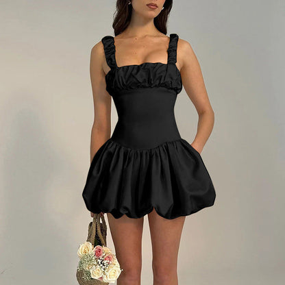 Aria Puff Sleeve Dress With Suspender Detail Black / L