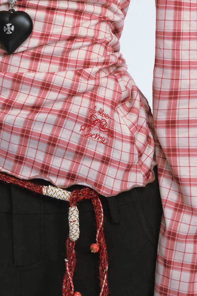 Off Shoulder Red Checkered Long Sleeve Blouse