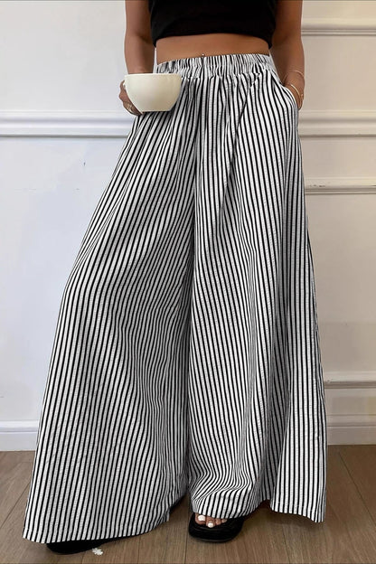 Vertical Stripe Elastic Waist Wide Leg Pants