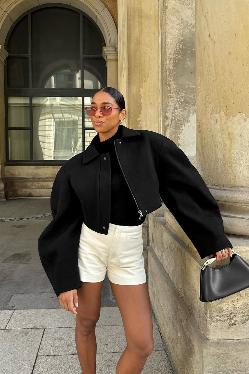 Cropped Balloon Sleeve Zip Jacket