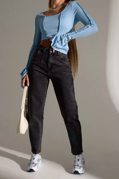 Vintage High Waist Slim Fit Straight Ankle Crop Jeans