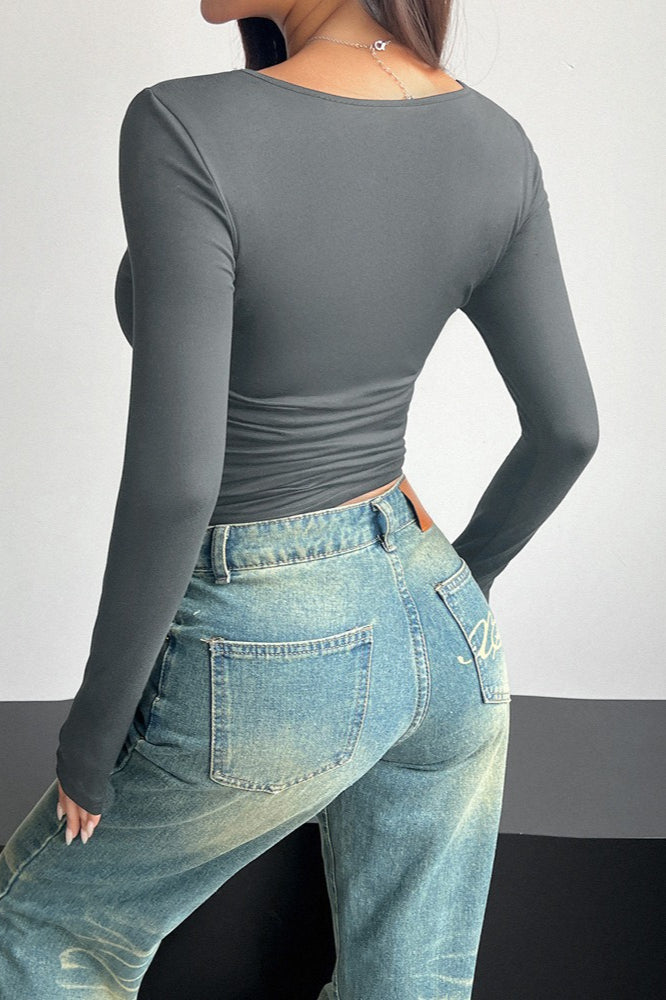 Square Neck Fitted Long Sleeve Blouse
