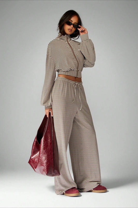 Micro Stripe Zip Jacket Wide Leg Pants Two Piece Set