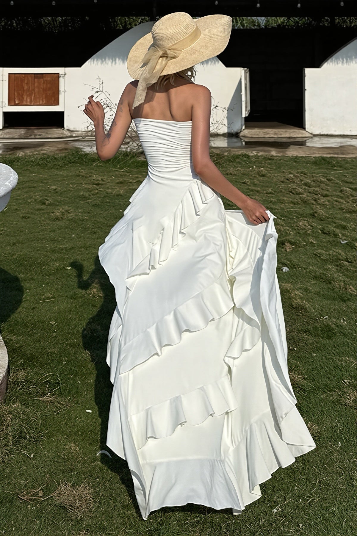 Strapless Asymmetric Tiered Ruffle Maxi Dress