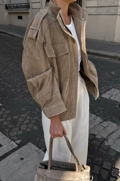 Suede Look Stand Collar Utility Bomber Jacket