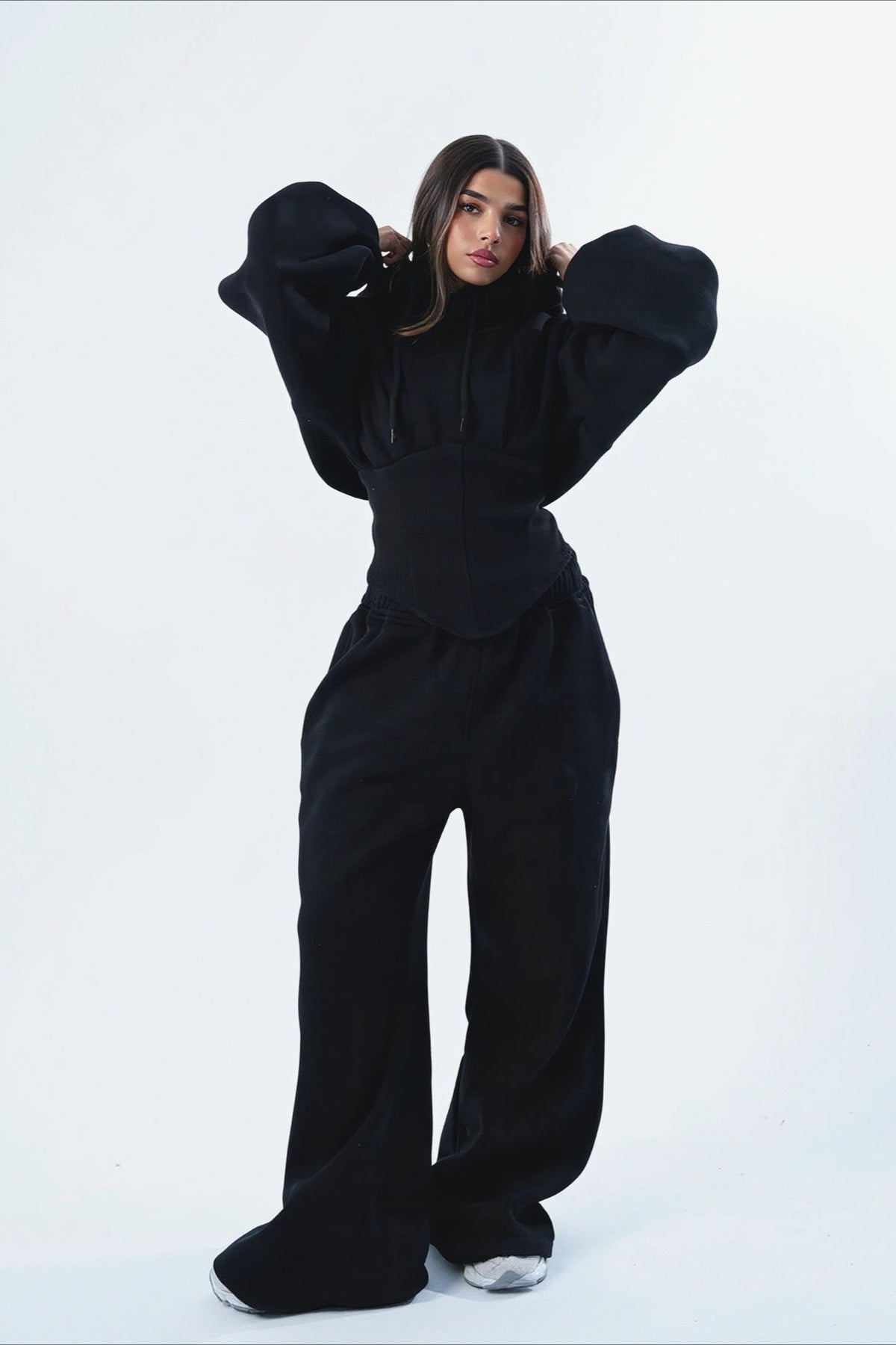 Corset Waist Zip Front Wide Leg Hoodie Two Piece Set