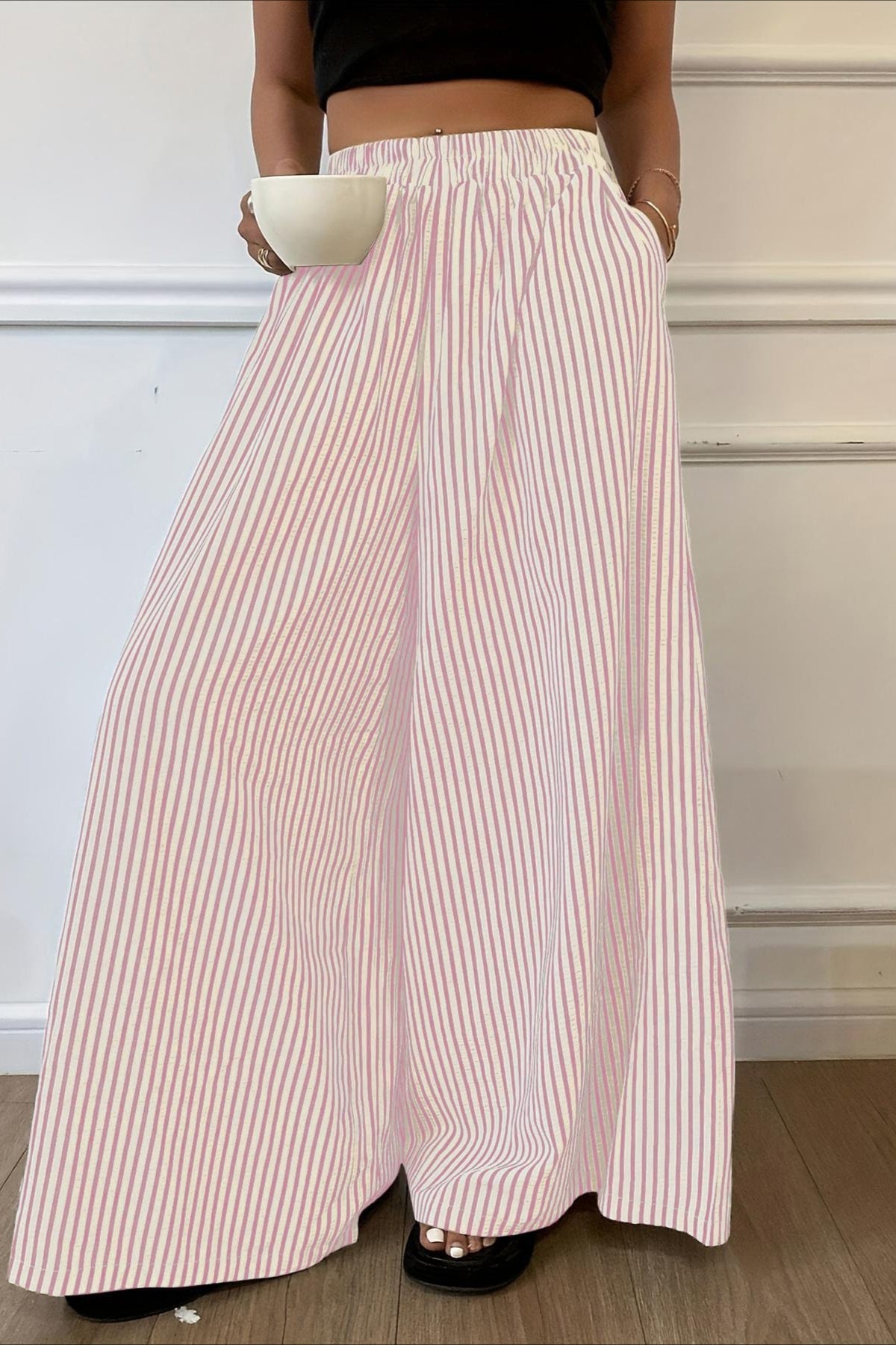 Vertical Stripe Elastic Waist Wide Leg Pants