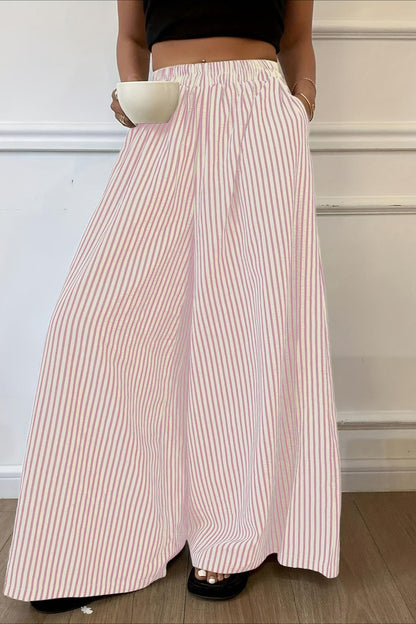 Vertical Stripe Elastic Waist Wide Leg Pants