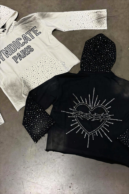 Rhinestone Heart Back Graphic Pullover Hoodie
