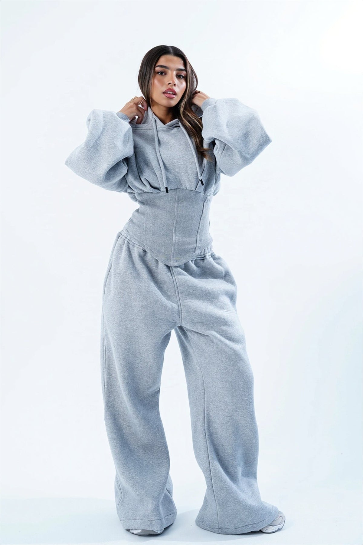 Corset Waist Zip Front Wide Leg Hoodie Two Piece Set