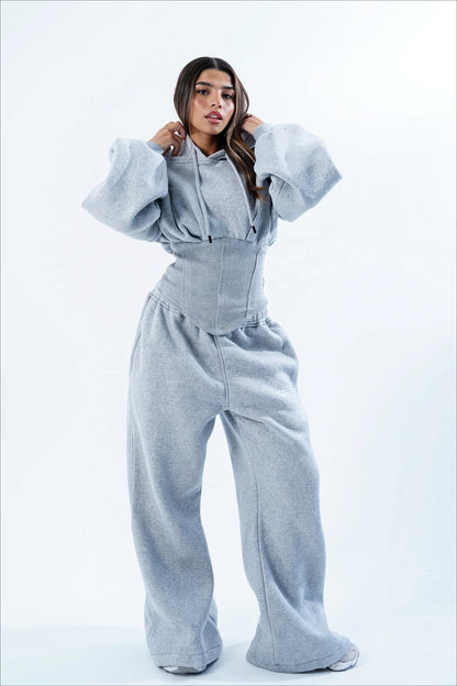 Corset Waist Zip Front Wide Leg Hoodie Two Piece Set