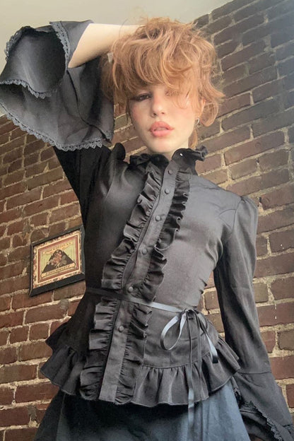 Dark Waist Tie Ruffle Panel Blouse