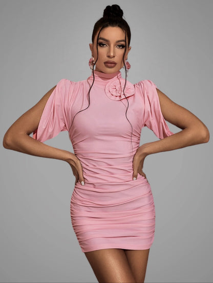 Arwen Mini Dress With 3D Flowers And Draped Shoulders Pink / Xs