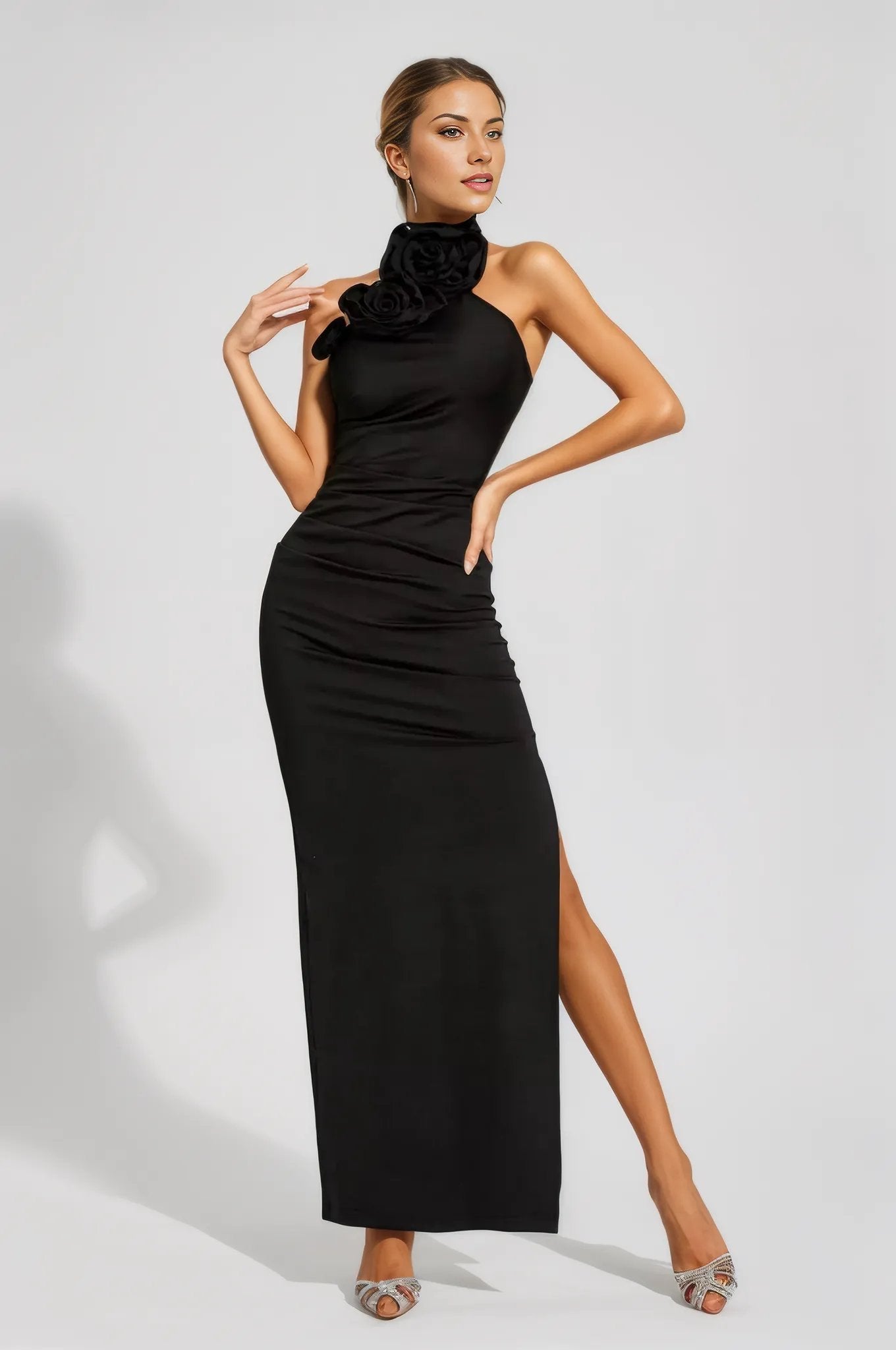 Bonnie Halter Gown Dress With Ruched 3D Flowers