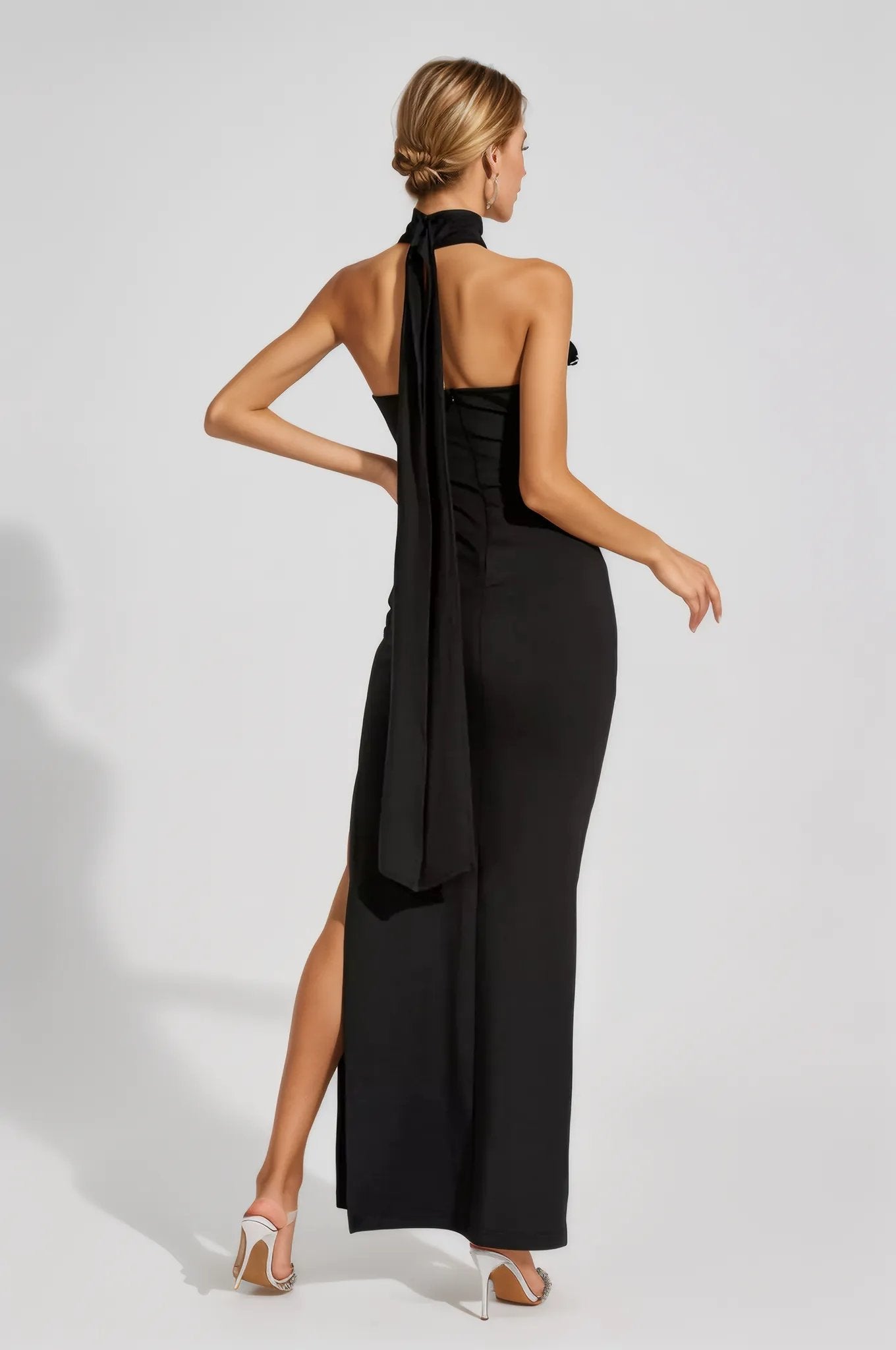 Bonnie Halter Gown Dress With Ruched 3D Flowers