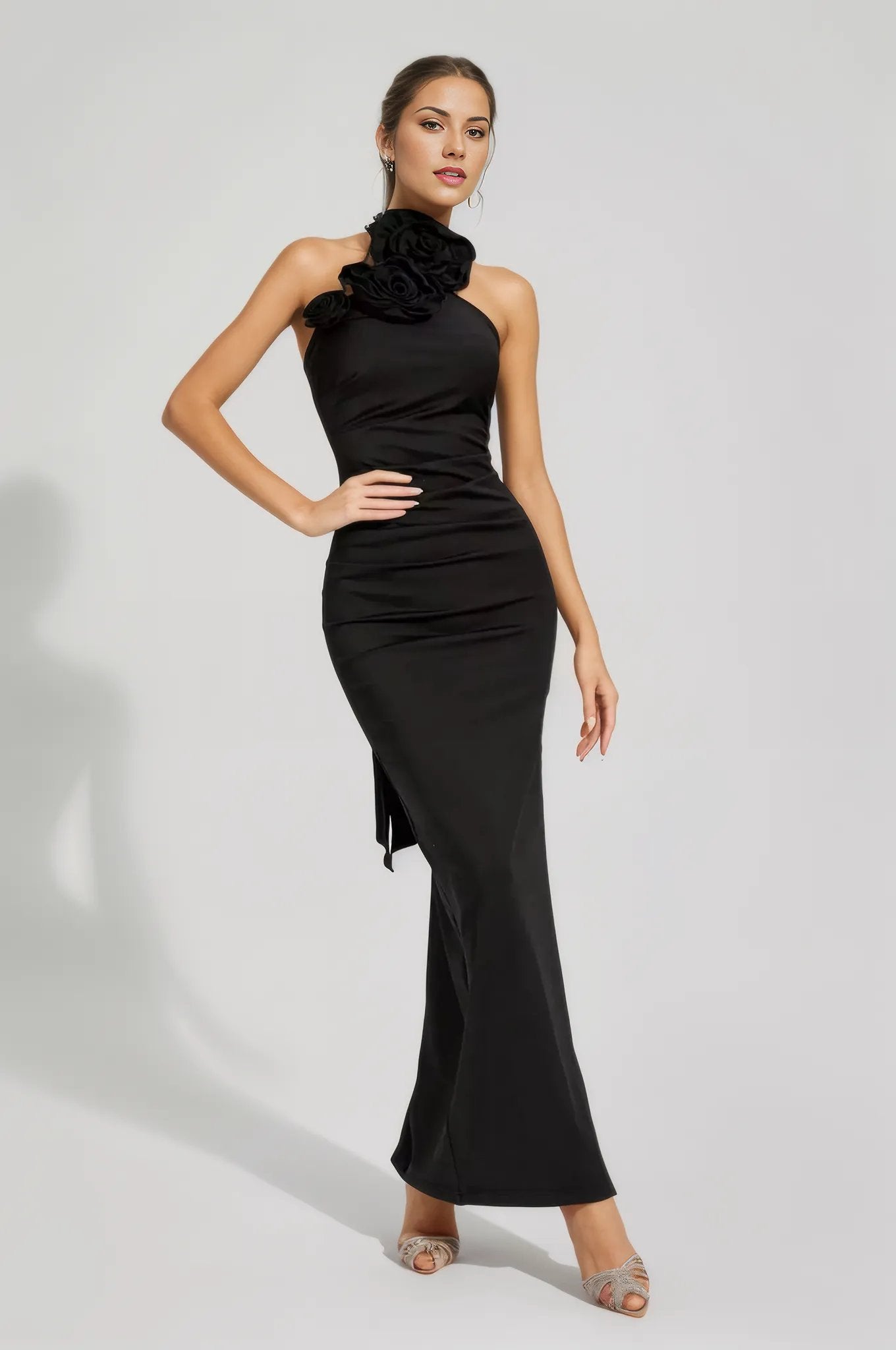 Bonnie Halter Gown Dress With Ruched 3D Flowers Black / Xs