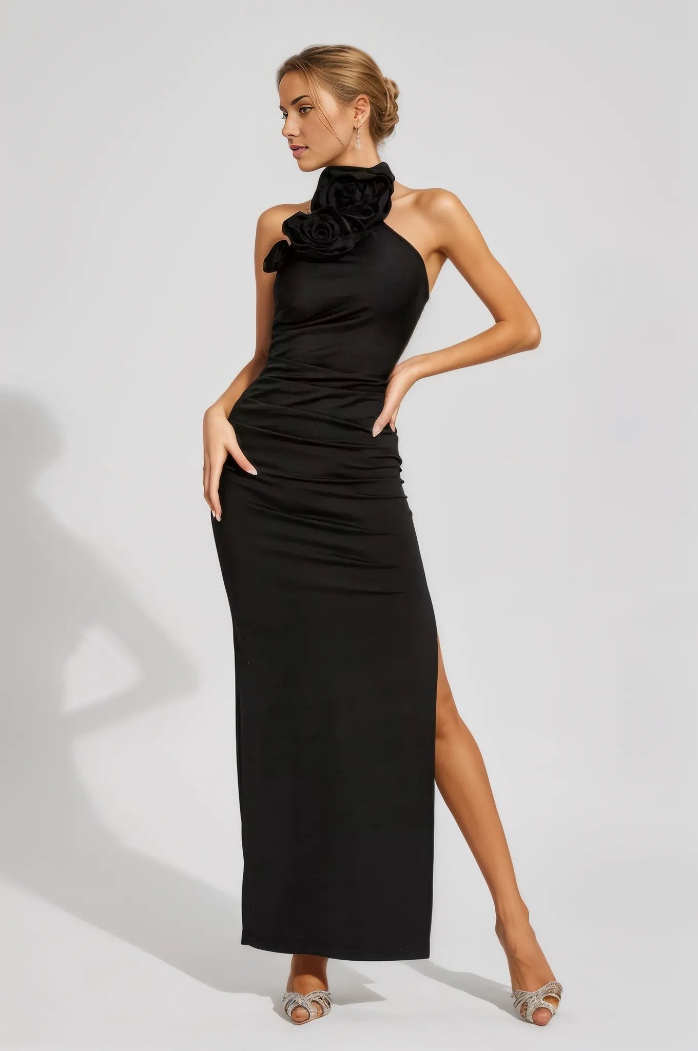 Bonnie Halter Gown Dress With Ruched 3D Flowers