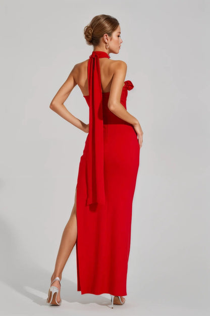 Bonnie Halter Gown Dress With Ruched 3D Flowers