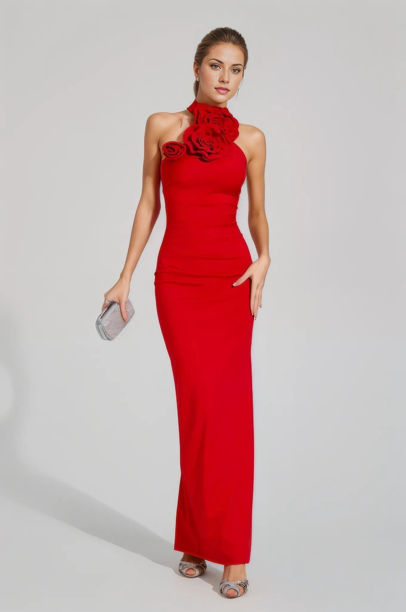 Bonnie Halter Gown Dress With Ruched 3D Flowers Red / Xs