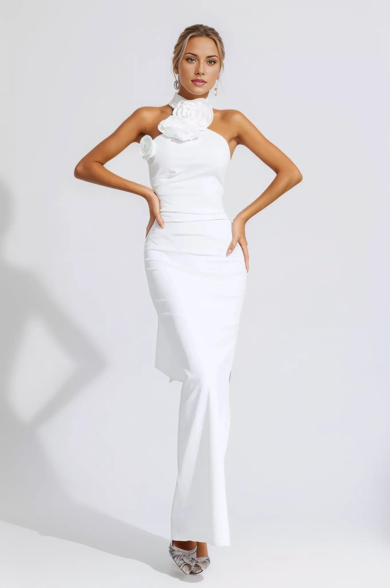 Bonnie Halter Gown Dress With Ruched 3D Flowers White / Xs