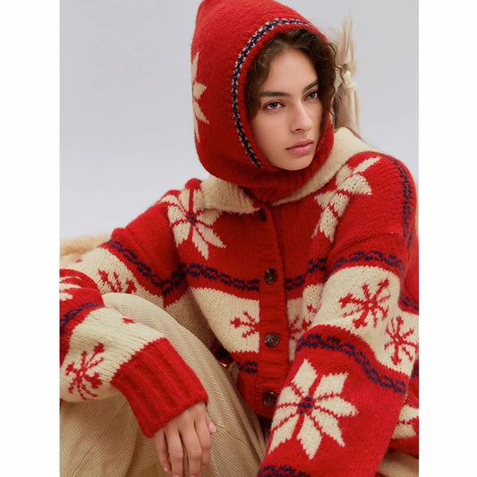 Snowflake Wool Blend Balaclava Knitted Christmas Hat Hat-L