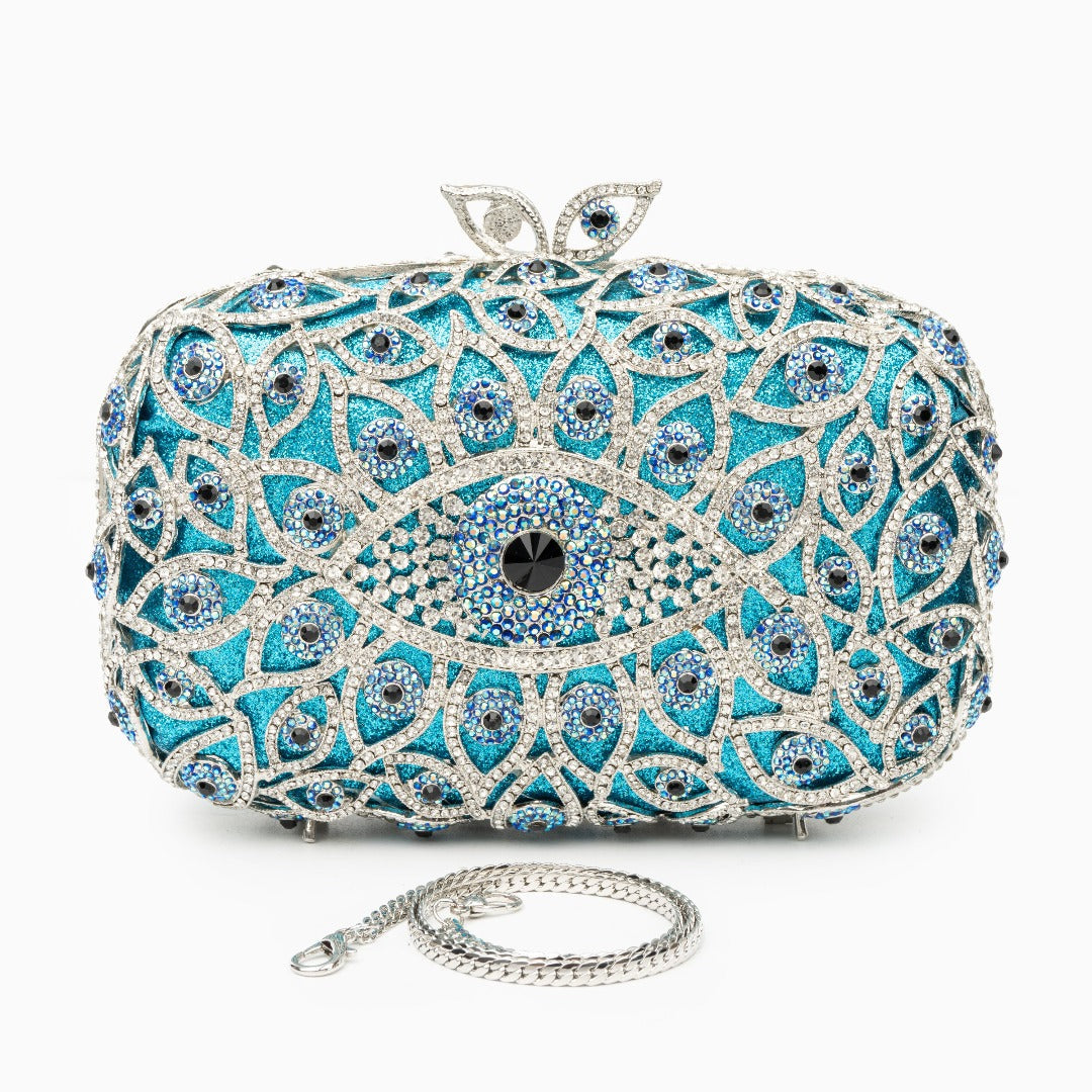 Sky Blue Evil Eye Crystal Clutch Bag