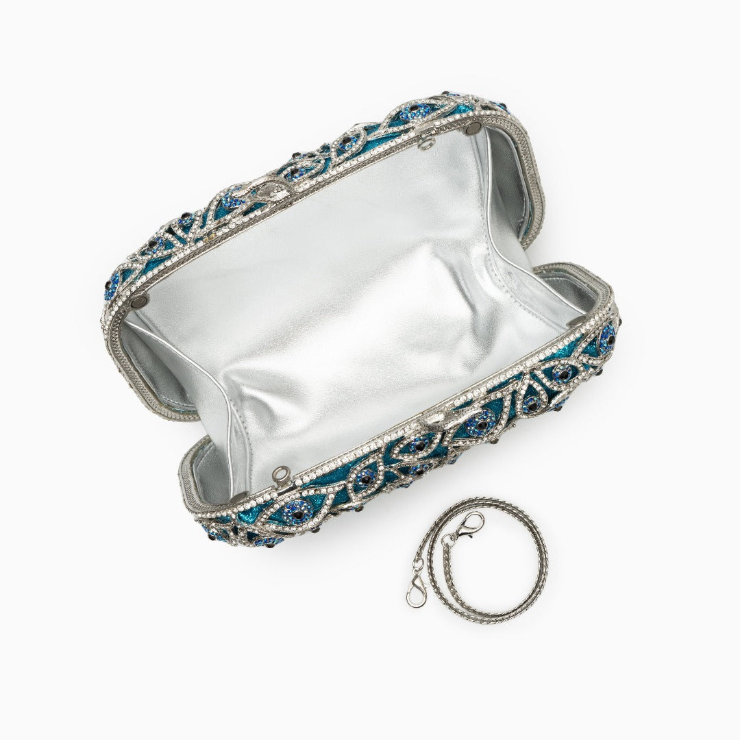 Sky Blue Evil Eye Crystal Clutch Bag