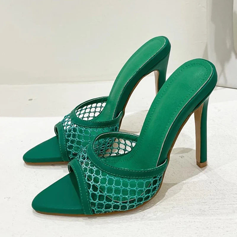 Green Mesh Pointed Toe High Heels Pumps Slippers