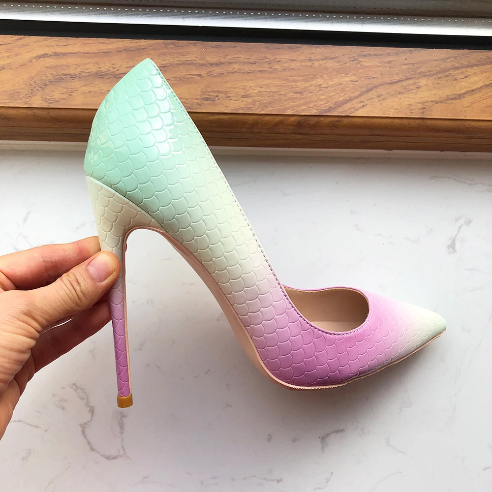 Mint Pink Crocodile Effect Pointy Toe High Heel Shoes For Women