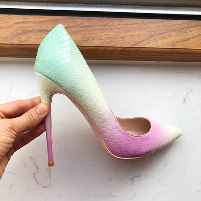 Mint Pink Crocodile Effect Pointy Toe High Heel Shoes For Women